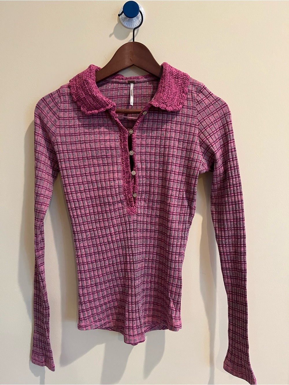 Free People Magenta Plaid Long Sleeve Polo Knit